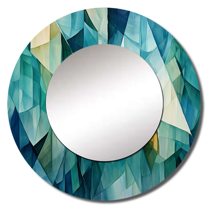 Teal Tessellations - miroir de formes abstraites, miroir mural décoratif rond moderne, impression d'art en métal