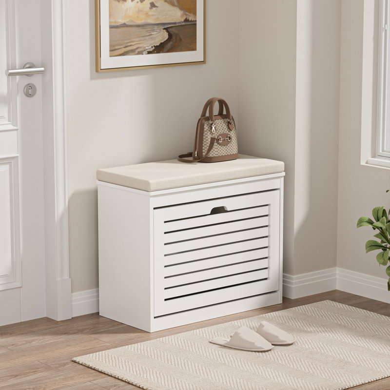 Small Shoe Storage Bench with Flip Drawer and Cushion for Entryway