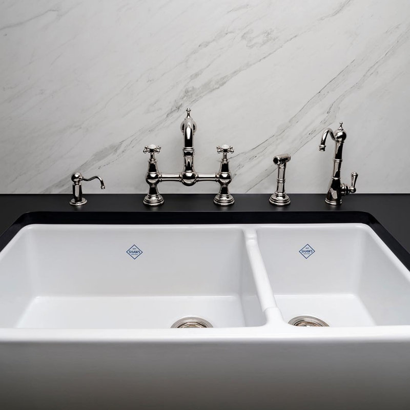 Lancaster 40" Double Bowl White Fireclay Farmhouse Sink