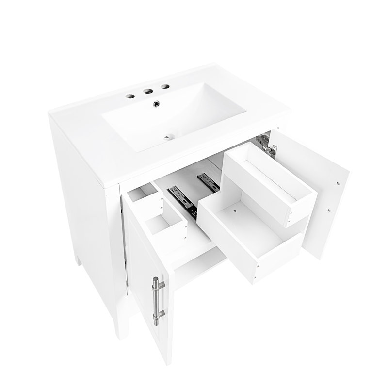 Meuble-lavabo de 30 po avec lavabo en céramique, portes et tiroirs d'armoire autoportants blancs, rangement pour lavabo et tiroir en bois massif
