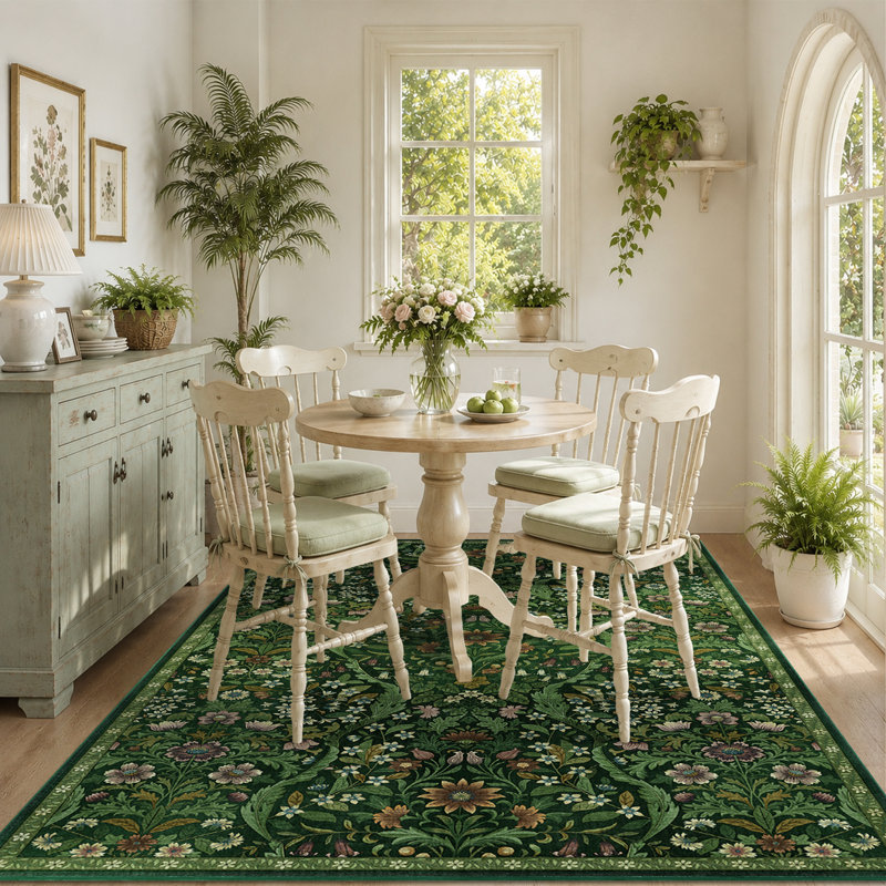 Washable Area Rug - Vintage Boho Botanical Low-Pile Rug, Rectangle 5' x 7', Dark Green