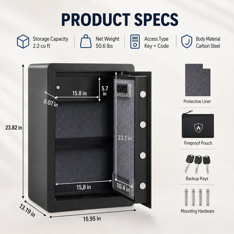 Coffre-fort en acier doré de 2,2 pieds cubes, dimensions de 15,8 x 13,2 x 23,8 pouces, coffre de rangement pour argent et objets de valeur