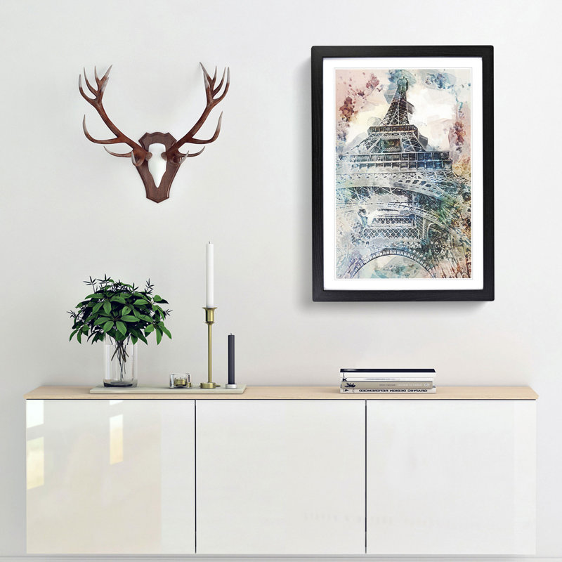 The Eiffel Tower in Paris in Abstract - Picture Frame Painting Print, 65cm H x 48cm W x 2cm D, Black Framed