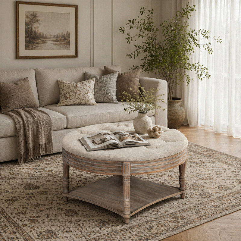Grande table basse ronde avec repose-pieds imperméable surdimensionnée à 2 niveaux avec capitonnage à boutons et tablette en bois