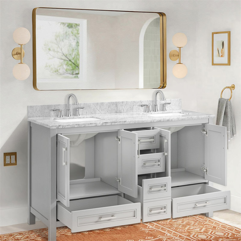 Armoire de rangement pour salle de bain à double cuve 60 po avec comptoir en marbre naturel de Carrare