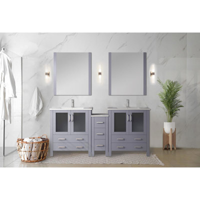 72 po W Double meuble-lavabo de couleur gris foncé, comptoir en céramique blanche, 28 miroirs, option de tiroir à fermeture douce, comptoir antitache à l'abat-jour, design, comptoir