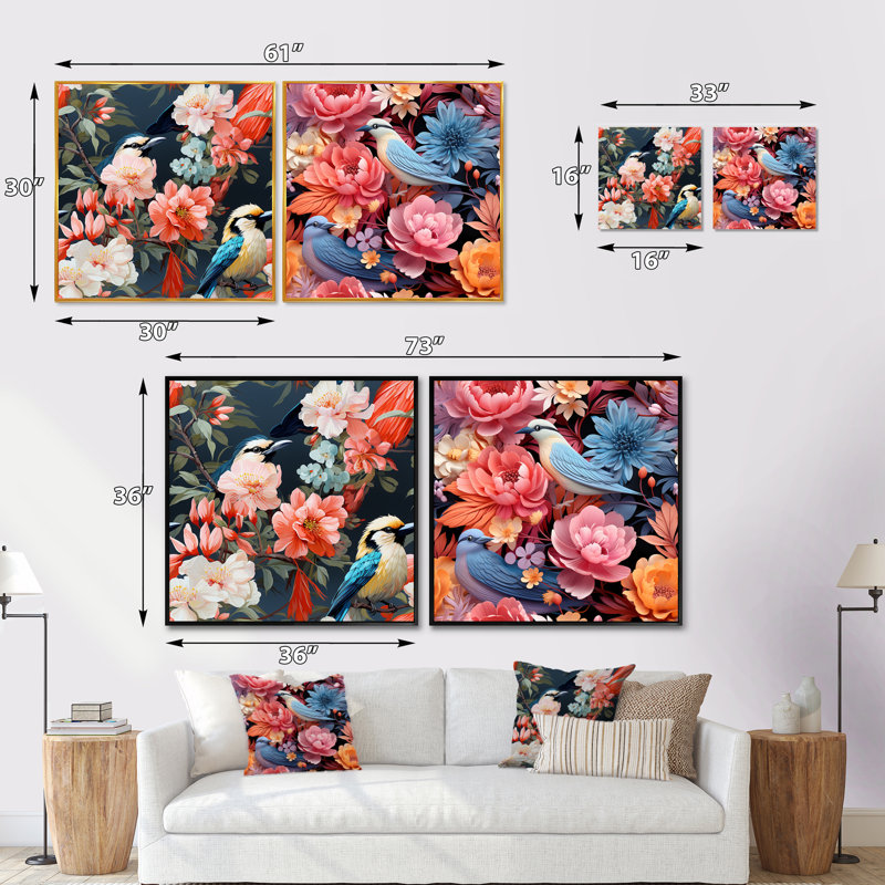 Harmonous, oiseaux tropicaux vifs et floraux - ensemble de 2 collages floraux carrés, Cadre flottant doré, H 30 po x l 61 po