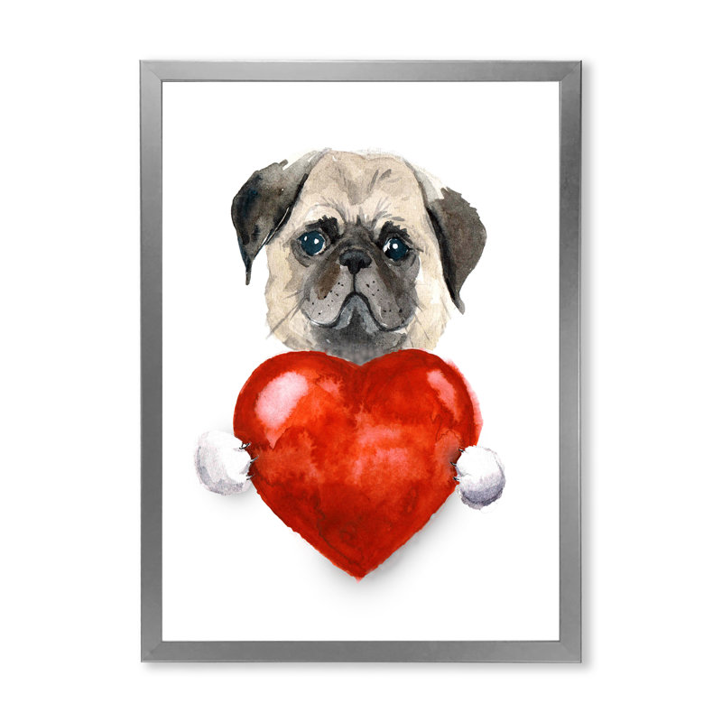 Petit chien tenant un cœur de Saint-Valentin - décoration murale pour enfants, art sur toile, H 20 po x l 12 po x P 1 po