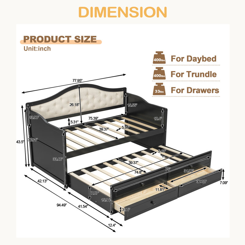 Twin Daybed With Trundle, Twin Size Daybed With 2 Storage Drawers, Wooden Sofa Bed With Upholstered Button Tufted Backrest For Living Room