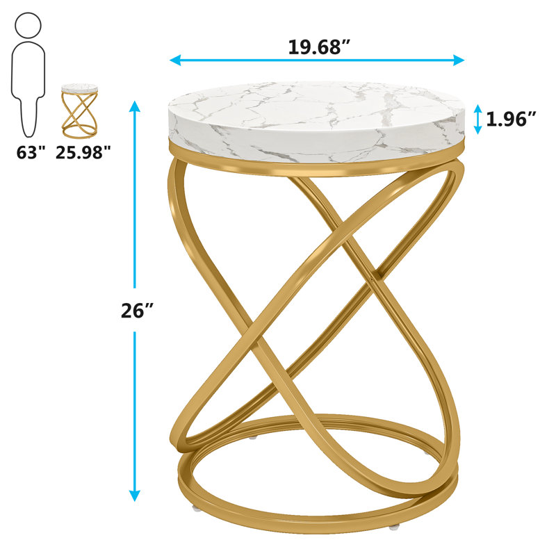26'' White and Gold Faux Marble Top Round End Table