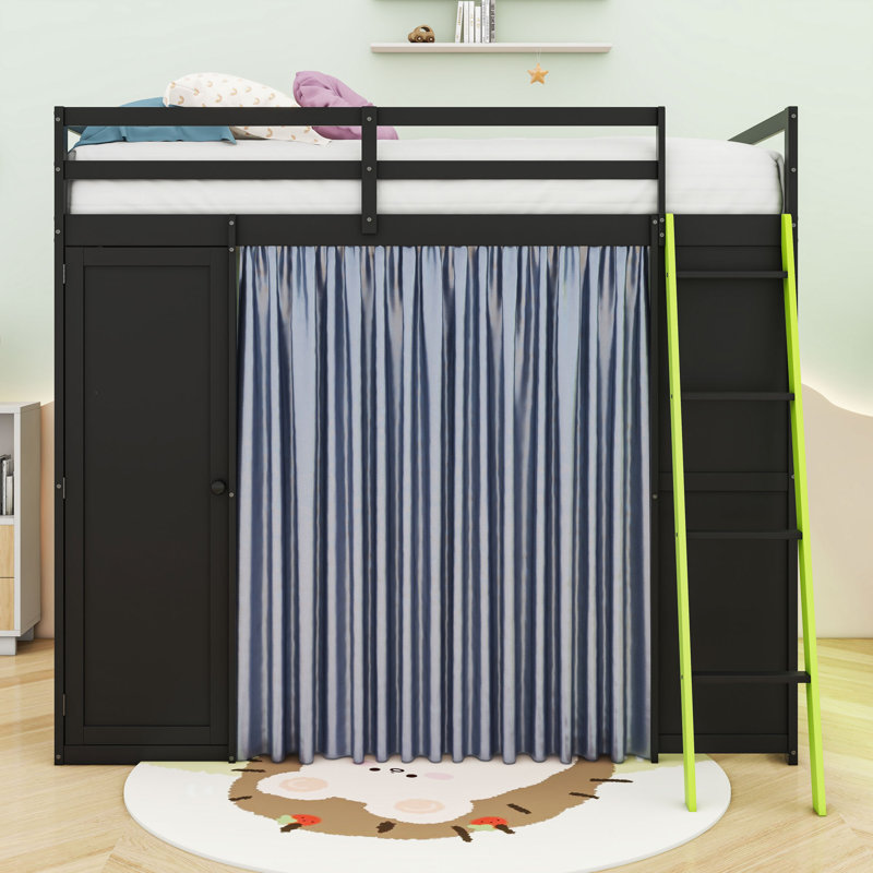 Full-Size Wooden Loft Bed with Integrated Workstation, Wardrobe, and Customizable Lighting, Black/Green