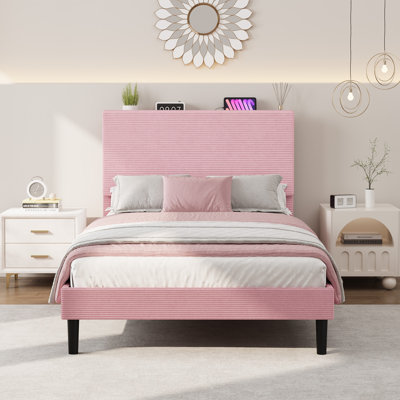 Twin Size Adjustable Storage Headboard Platform Bed Frame, Corduroy Upholstered, Charging Station, Storage Shelf, Heavy Duty Wood Slats, Noise-Free, Easy Assembly - Pink