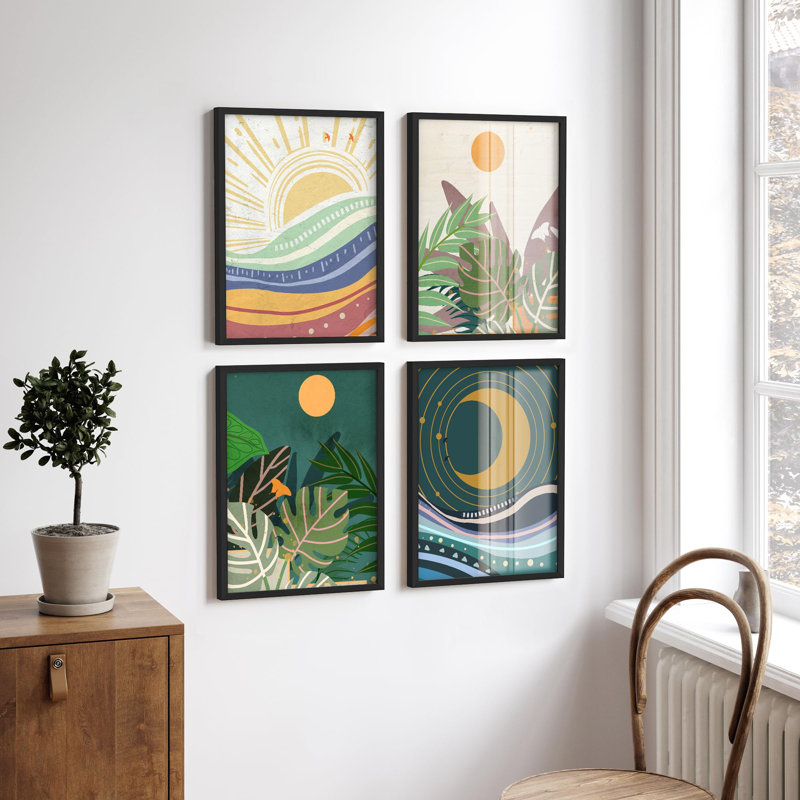 "Plante tropicale avec soleil et lune", Noir, H 14 po x l 11 po