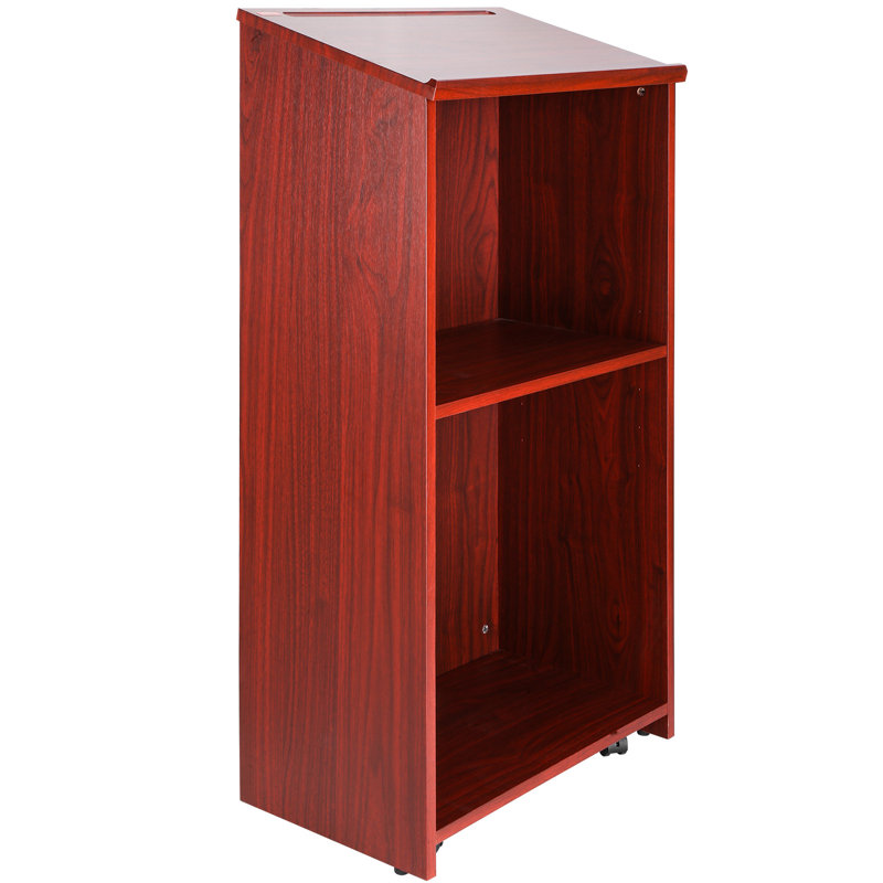 Brown 47" Wood Podium Stand with Adjustable Shelves and Casters