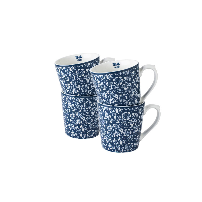 Set of 4 Blue and White Ceramic Floral Mugs