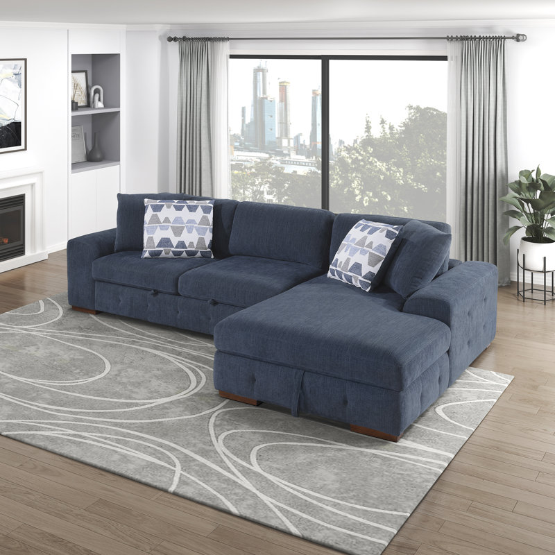 Odesser 115" W 2-Piece Chenille Sleeper Sectional, Blue Chenille, Right Hand Facing