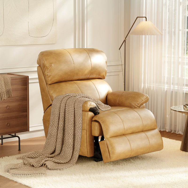 Fauteuil inclinable électrique en cuir de 39,4 po de largeur avec fonction d'inclinaison réglable, Marron clair