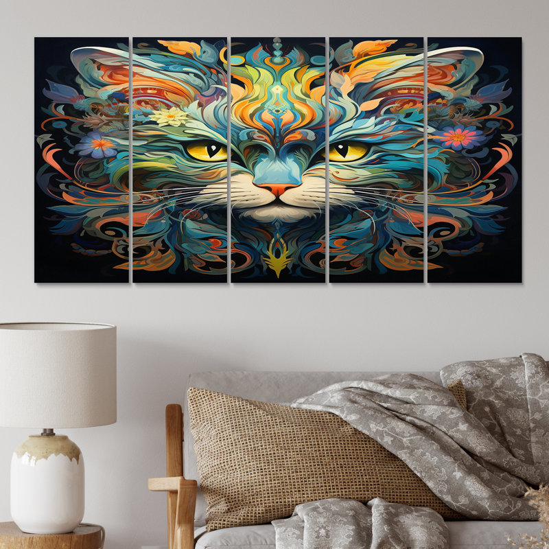 Chat sarcelle cosmique avec regard mystérieux - animaux, art mural sur toile, 5 panneaux égaux