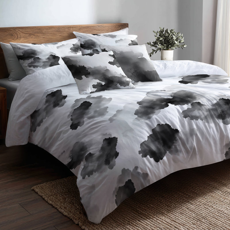 Ensemble de literie moderne 5 pièces - Ensemble de housse de couette et de coussins décoratifs Black Ink Cloud