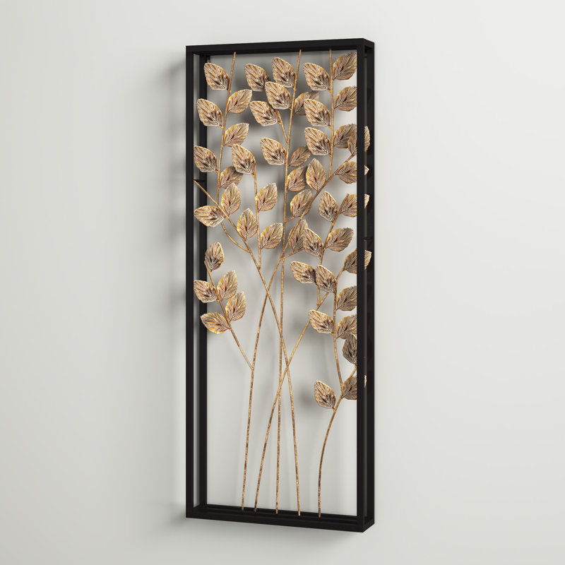 Feuille dorée et branches en relief avec décoration murale cadre noir