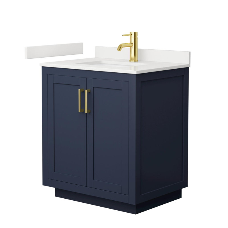 Meuble-lavabo simple autoportant de 30 po avec plateau en quartz Miranda, Quartz blanc, Bleu foncé, Or brossé
