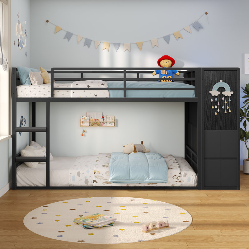 Lits simples superposés avec lumières à DEL et rangement, 6 tiroirs, lit superposé simple au-dessus de simple, lit bas en métal avec échelle de sécurité et garde-corps, peu encombrant