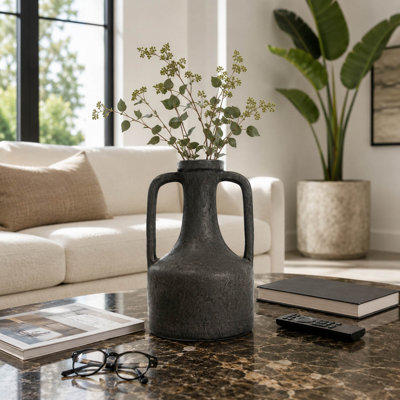 Modern Fable Terracotta Table Vase for Living Room, Entryway, or Shelf Styling - Tall Flower Vase with Dual Handles for Home or Office Decor - Black