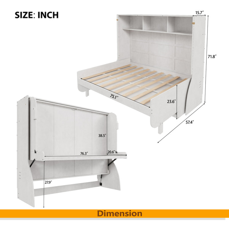 Lit escamotable double avec bureau, blanc antique
