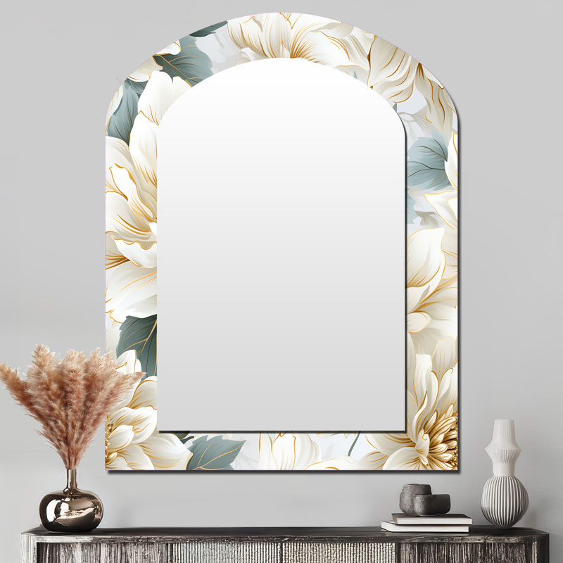 Motif de mandalas blanc, motif de bohémanthe - miroir à grande arche florale, décor de miroir mural asymétrique unique Cottage, impression d'art en métal