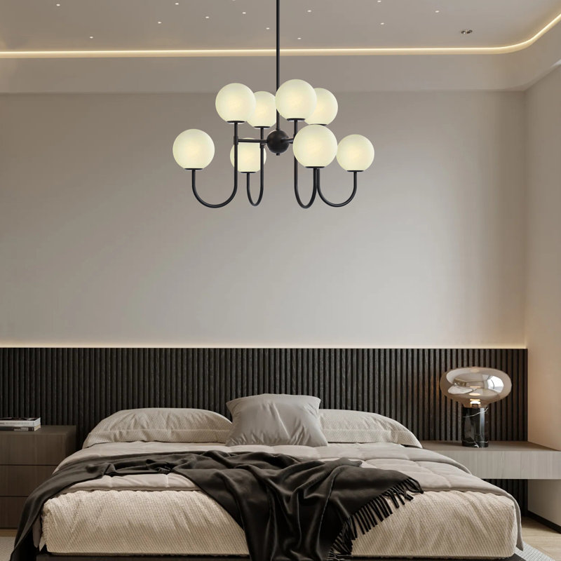 8-light 32"W Black Metal Modern Chandelier with Cloud Globe Glass Shades for Dining Room/living Room, Matte Black