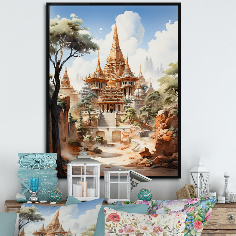 Art bouddhiste beige sur toile, art bouddhiste beige, H 20 po x l 12 po x P 1 po, Cadre flottant noir