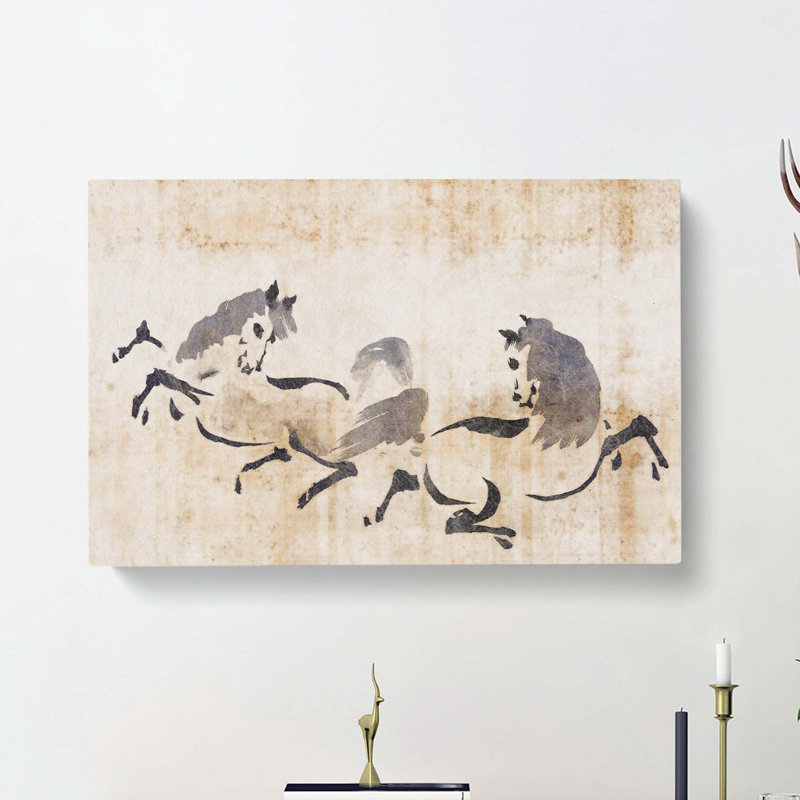 Two Horses Playing by Kano Tan'yu - Wrapped Canvas Painting, 50cm H x 76cm W x 3cm D