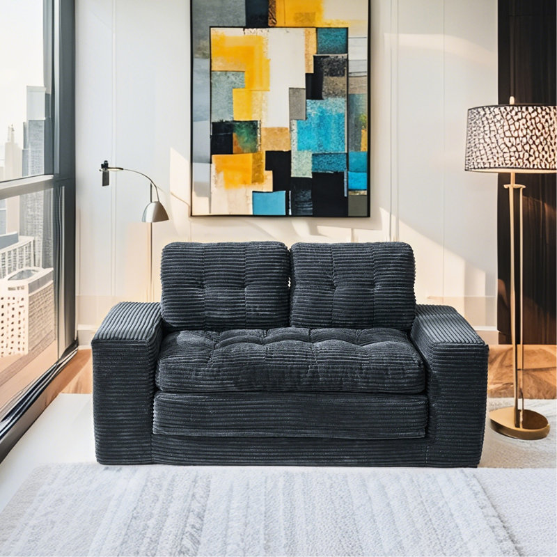 Lit convertible en mousse viscoélastique 21 avec structure en acier, tissu en velours côtelé, idéal pour les petits espaces et le salon noir, mousse à structure désossée, fonction compacte et antidérapante