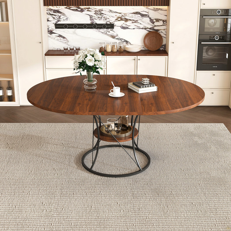 Table de salle à manger extensible de 43 pouces pour 4 à 6 personnes, table de cuisine de ferme extensible avec tablette de rangement et base en métal, table extensible en bois brun et noir de 43 à 59 pouces, grande table ronde pour la maison (sans chaises)