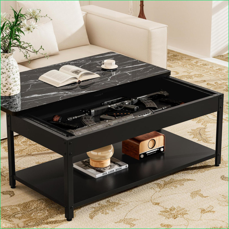 Double couche noire et amp; Table basse en marbre blanc avec rangement caché & amp; Verrou d'empreinte digitale - idéal pour le salon