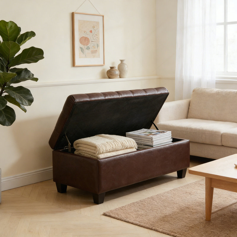Banc de rangement rembourré Amalfi, Similicuir chocolat, 16" H x 50.25" W x 16" D