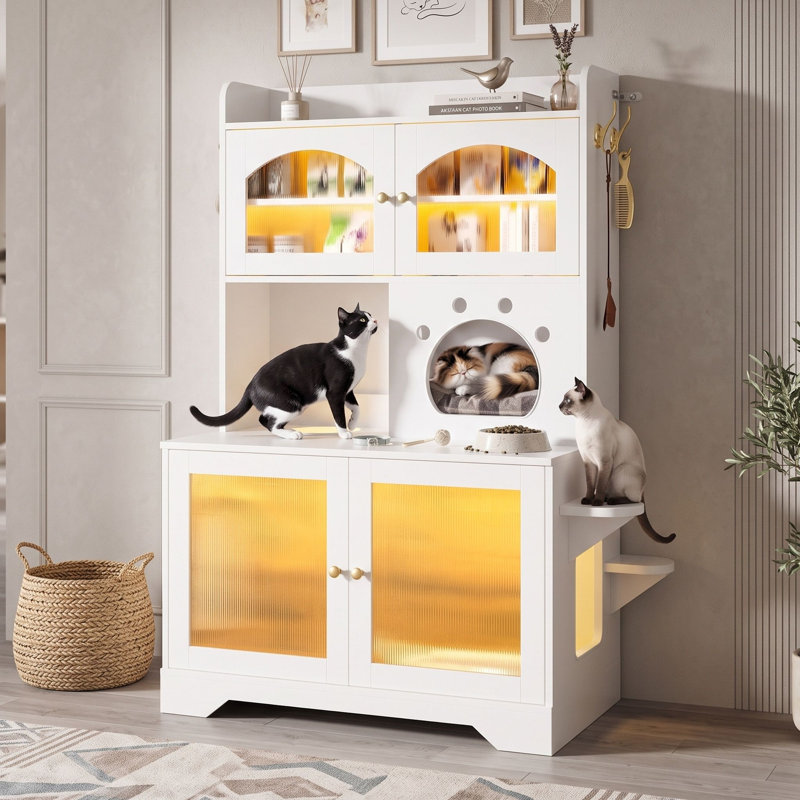 Maison pour chat d'intérieur à 3 niveaux avec armoire de rangement, bac à litière, éclairage à DEL 3 couleurs et portes en acrylique ondulées