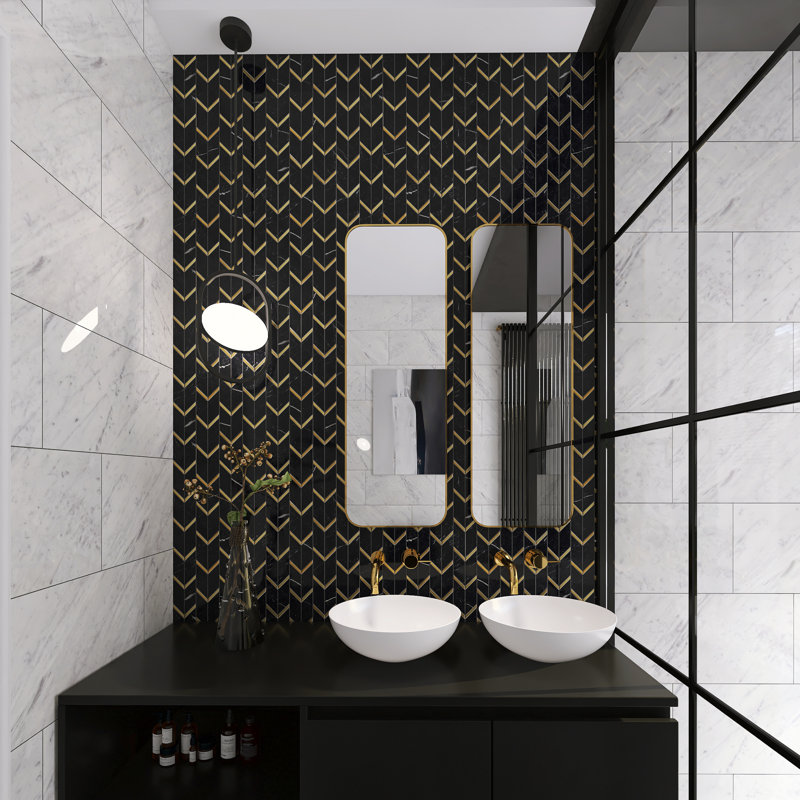 Natural Bianco 1" x 2" Herringbone / Chevron Mosaic Wall Tile, Black/Gold