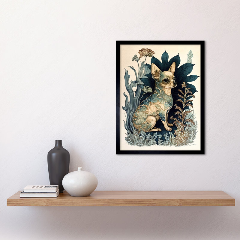 Chihuahua Dog With Floral Pattern Fur Coat Modern Portrait In Flower Field - Single Picture Frame Print