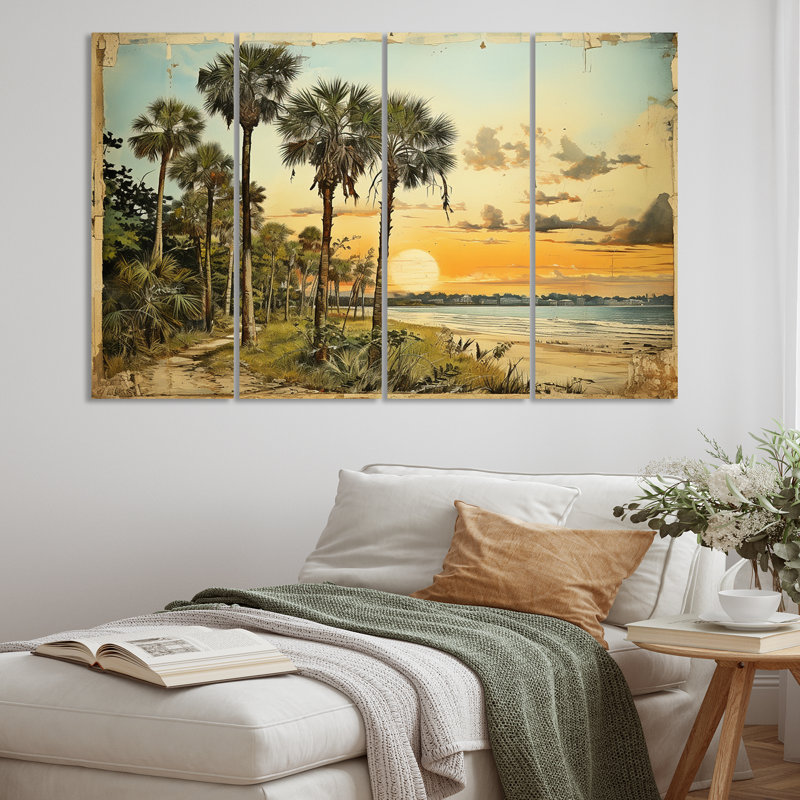 «Vintage Florida Collage Palm Trees and Beach V on Canvas», reproduction de 4 pièces