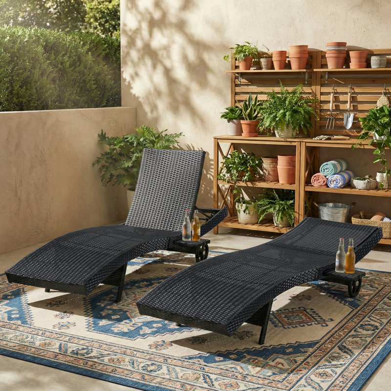 80" Patio Wicker Chaise Lounge Chairs Set of 2, Outdoor Rattan Reclining Lounge Chair with Pull-out Side Table, Adjustable Backrest, Ergonomic Wave Design for Poolside