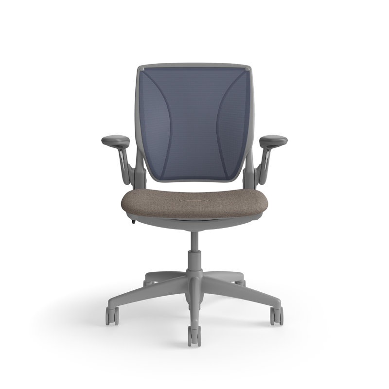 World LM, Ergonomic Task Chair with Poppy Seed Backrest, and  Autumn Upholstered Seat, Gray, Light Brown Fabric, Blue Mesh