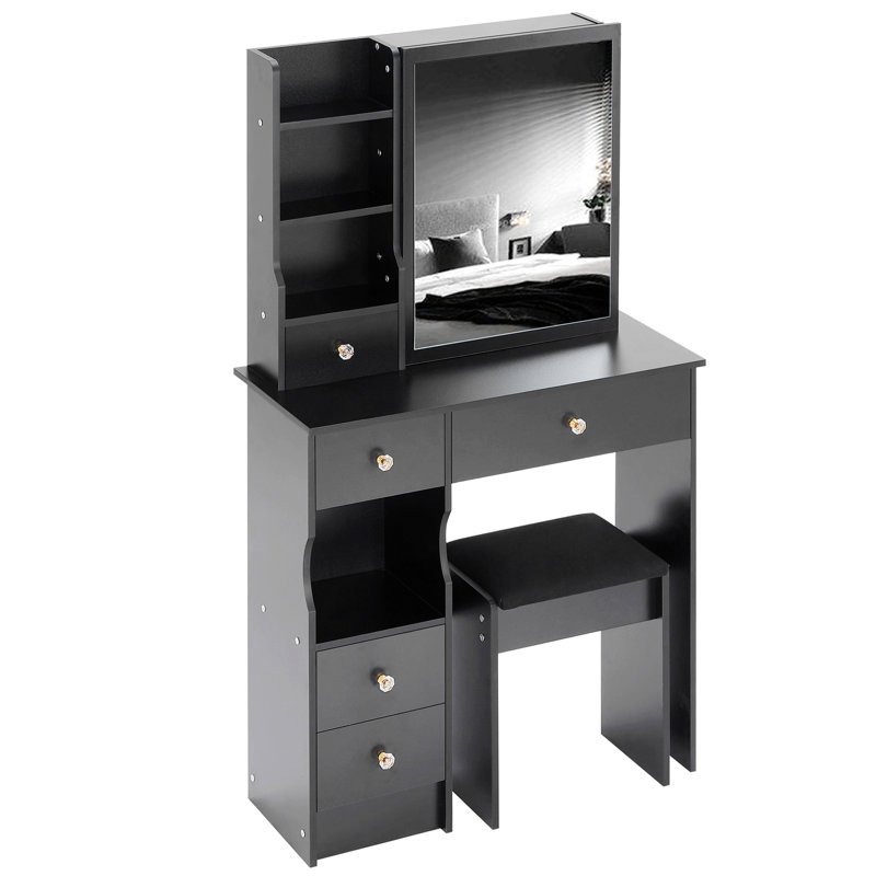 Small Size Left Drawer Desktop Vanity Table + Cushioned Stool, Extra Large Sliding Mirror, Multi Layer, High Capacity Storage Fashionable Dresser, Suitable For Small Space, EPA,GCC,UL Certificate