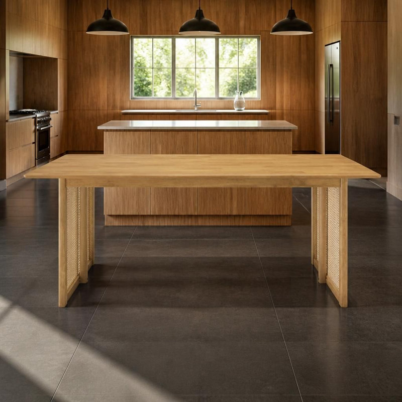 Table de salle à manger robuste en bois d'hévéa avec des accents décoratifs en rotin de plastique - longue table de cuisine et de salle à manger intérieure pouvant supporter jusqu'à 800 lb, pouvant accueillir confortablement 6 personnes
