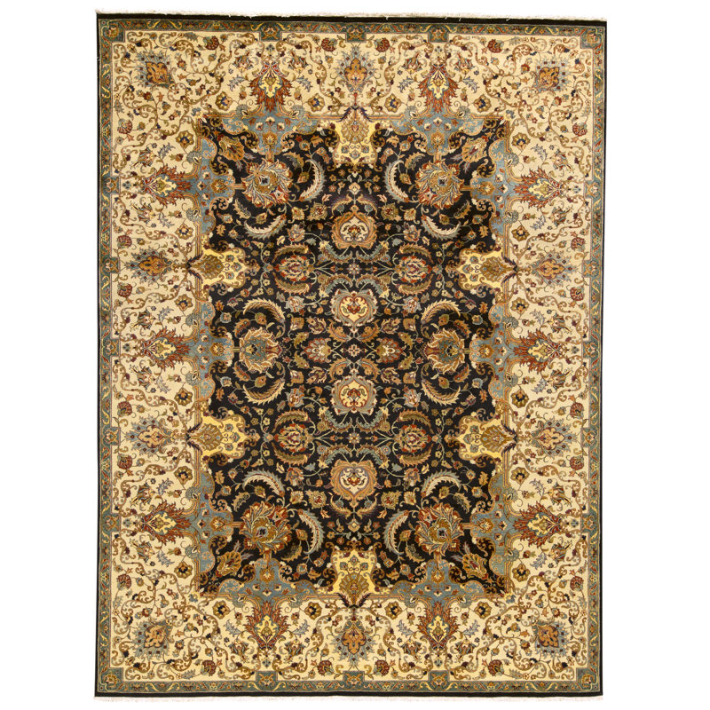 Tapis noir et crème noué à la main de haute qualité