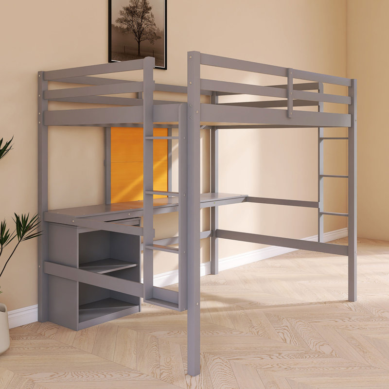 Lit mezzanine en bois avec tableau d'écriture, gris, Double