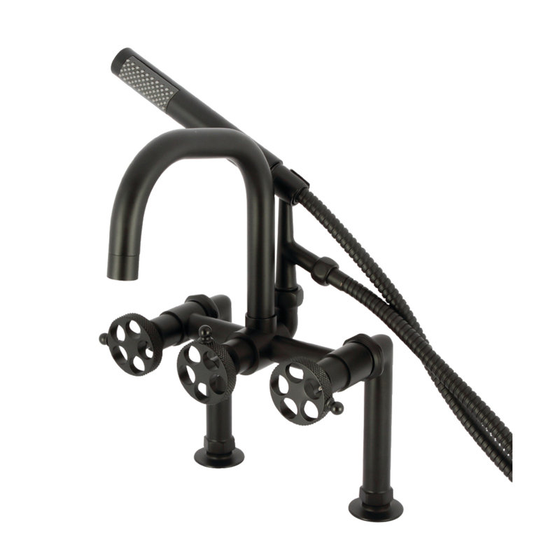 Kingston Brass Webb Three-Handle 2-Hole Deck Mount Clawfoot Tub Faucet with Knurled Handle and Hand Shower, Matte Black