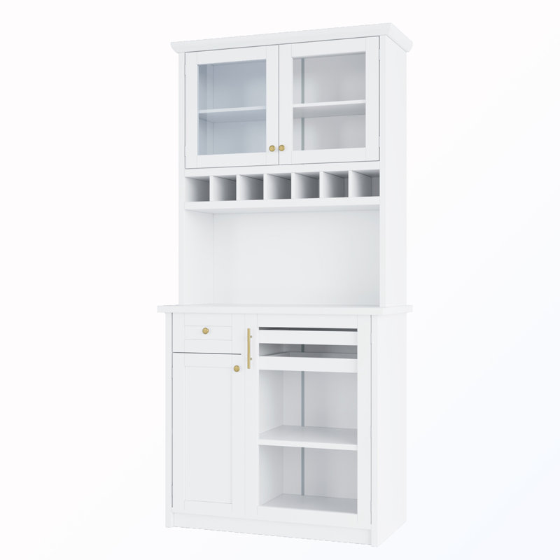 Armoire de rangement de garde-manger autoportante avec huche et support à vin et tablettes réglables, White