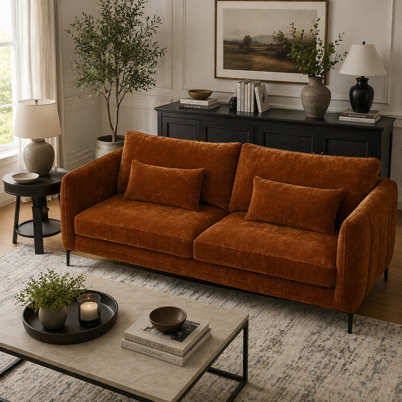Canapé moderne 80 po à 3 places avec pieds en métal, canapé rembourré en chenille 3 places pour salon, appartement (caramel)