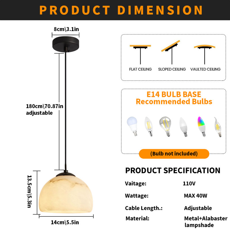 Luminaire suspendu naturel en albâtre naturel